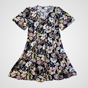 Sami & Jo Plus Womens 2X Floral Fit Flare Dress Black Pink V-Neck Short Sleeve